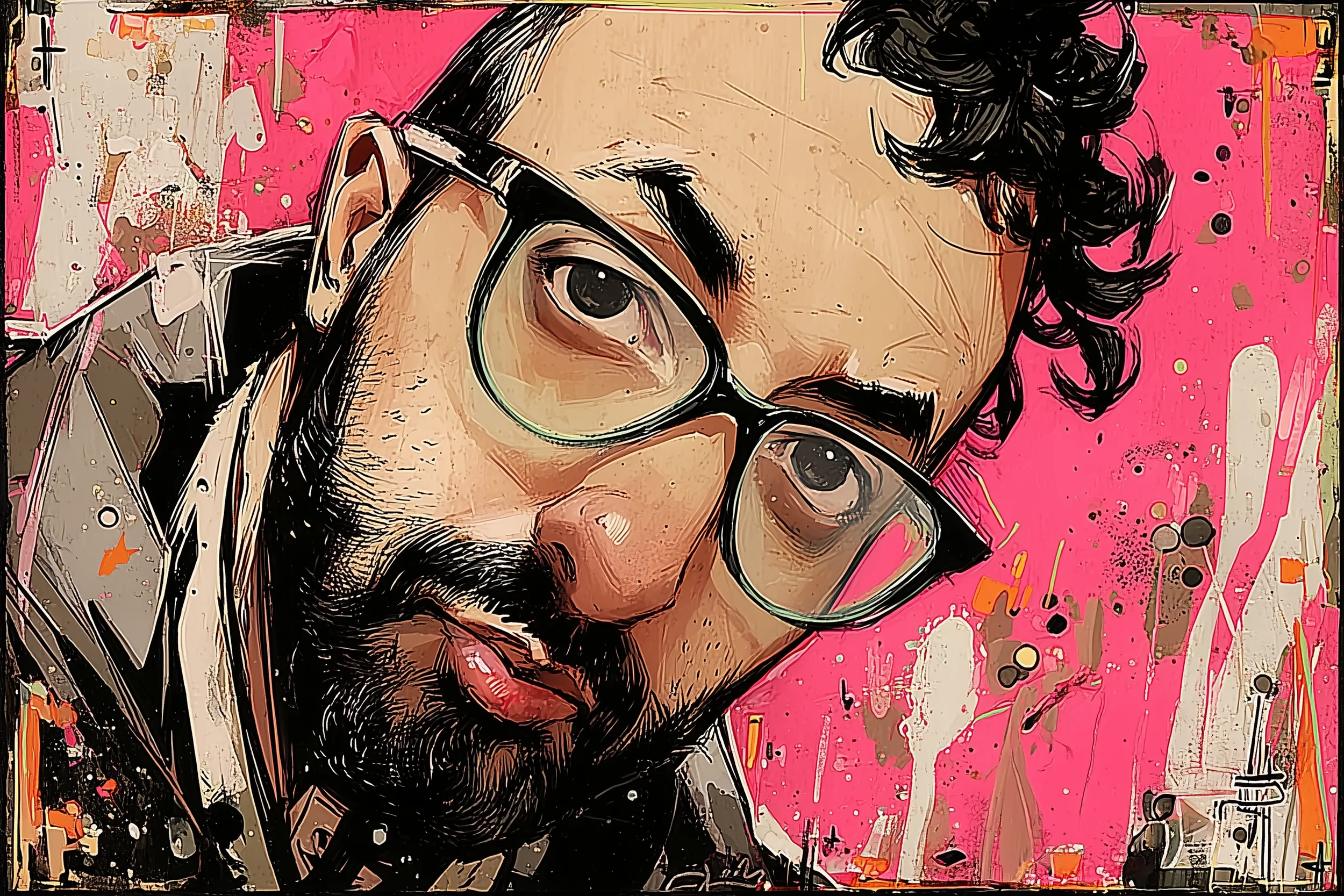 Gemaltes Porträt von Ali Ghandour vor pinkem Hintergrund, im Stil einer Pop-Art-Illustration