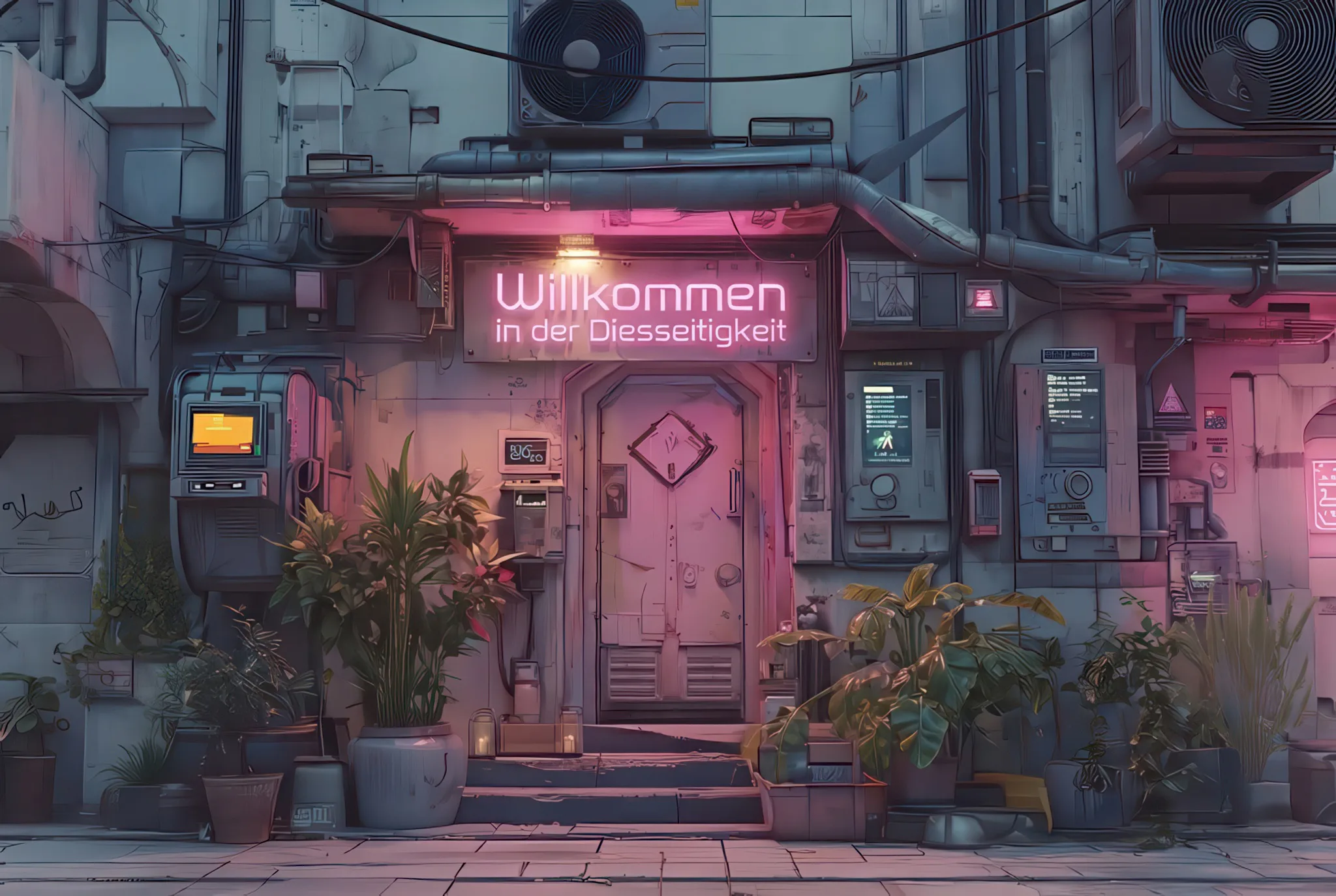 Eine pinkfarbene Tür mit Neon-Schild „Willkommen in der Diesseitigkeit"; davor Pflanzen, ein altes Terminal und Rohre an einer Wand.