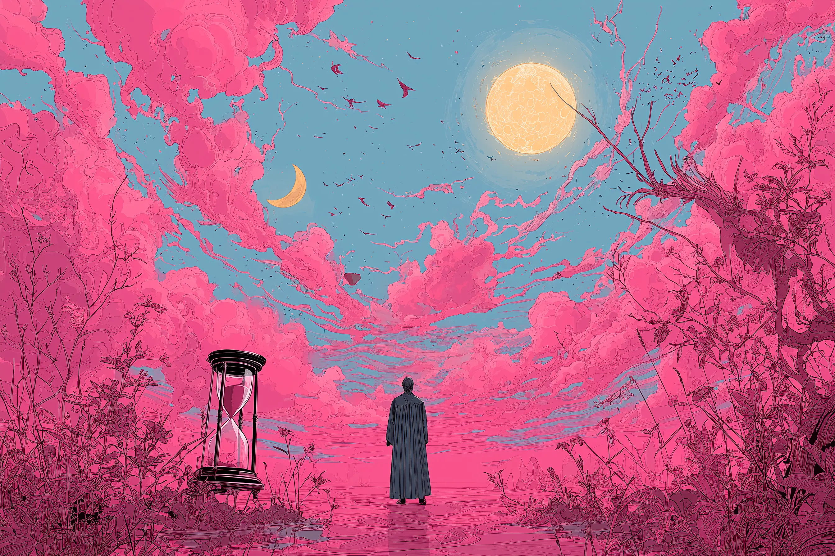 Figur vor pinker Landschaft, mit Sanduhr und Sichelmond am türkisen Himmel