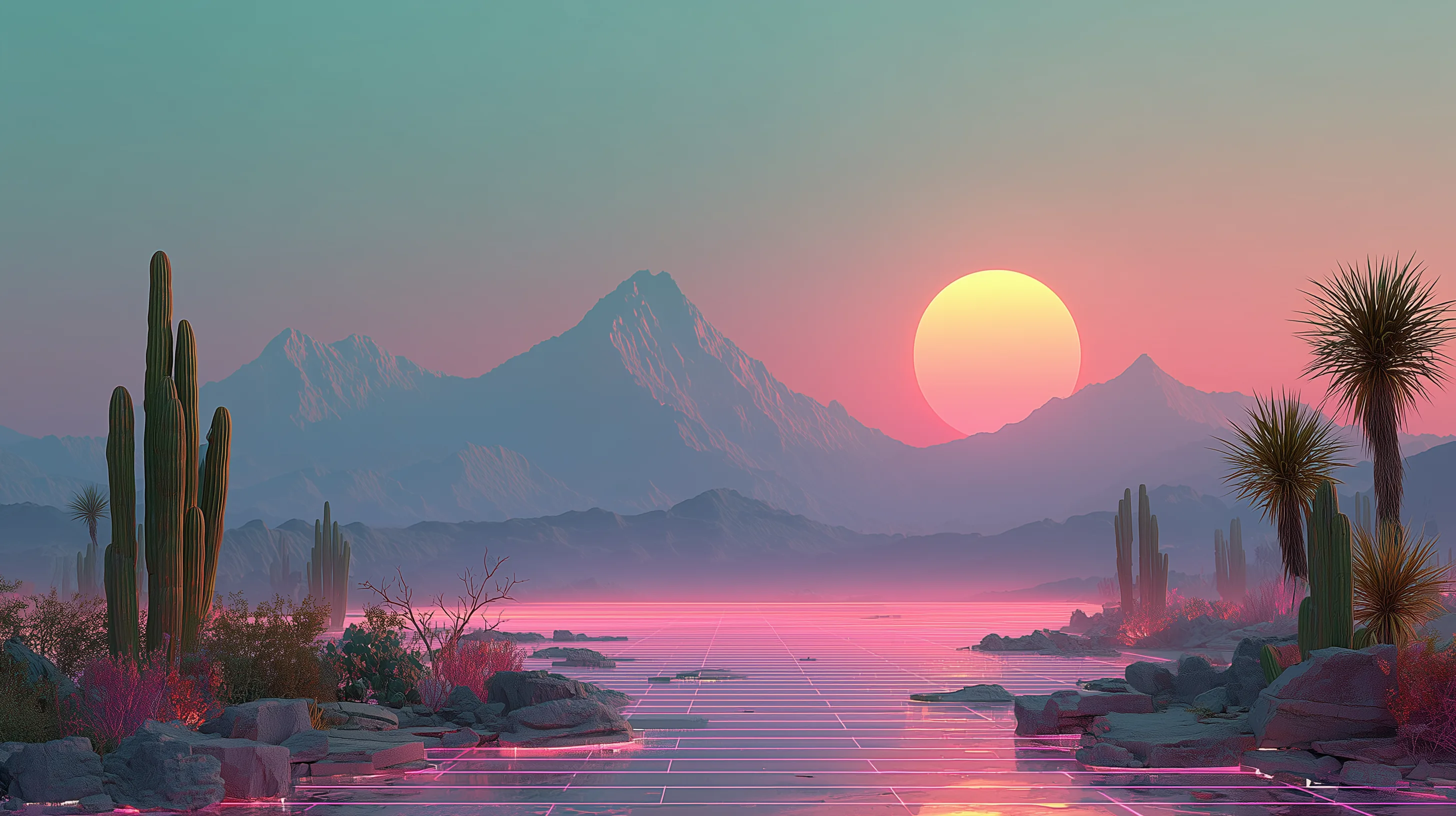 Pinker Sonnenuntergang über Bergen, mit Kakteen und Palmen