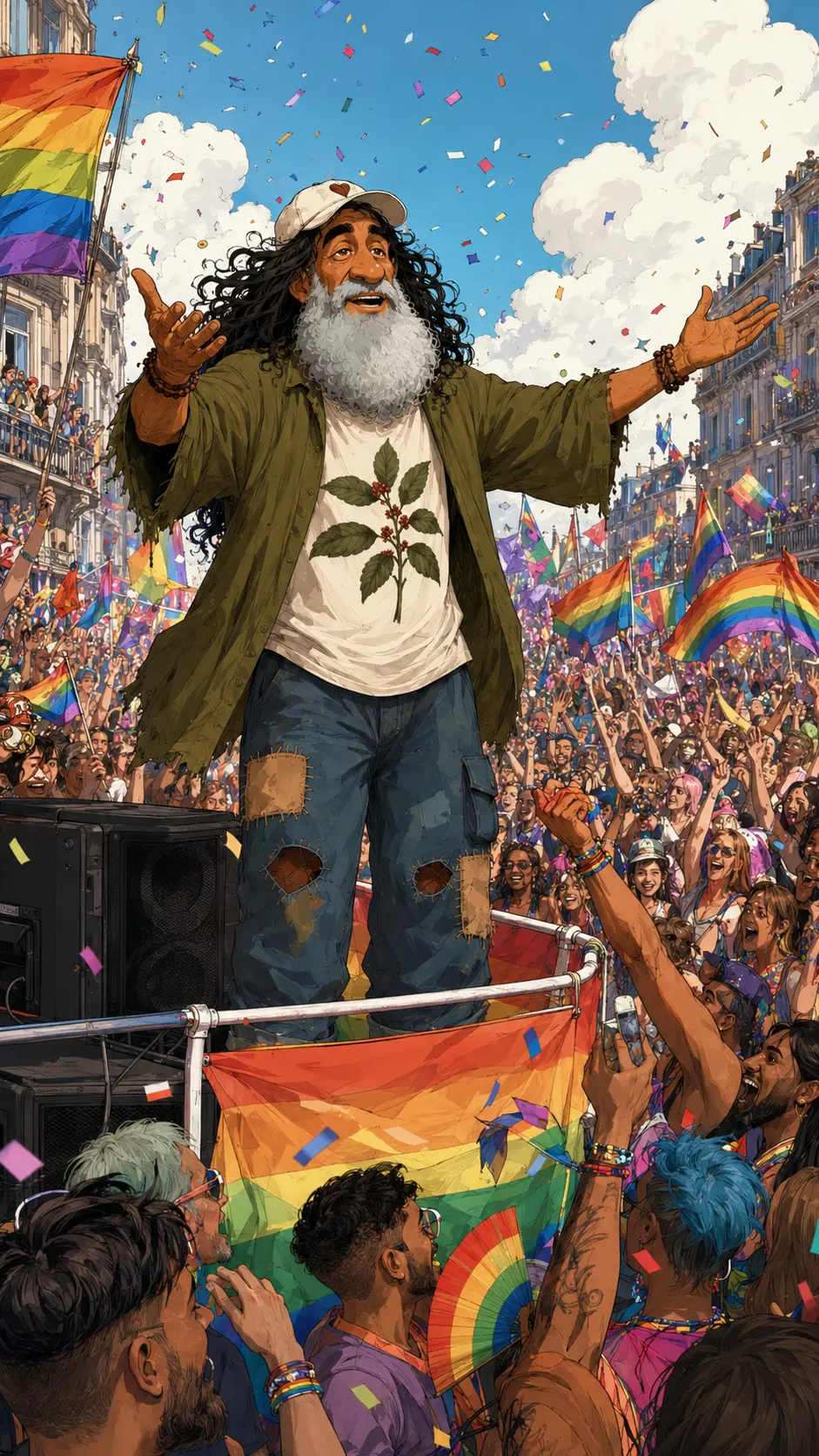 Illustration: Ein Mann mit weißer Basecap, langem grauem Bart und wildem schwarzem Lockenhaar steht in zerschlissener olivgrüner Jacke mit weit ausgebreiteten Armen auf einem Wagen und predigt zu einer jubelnden Menge mit Regenbogenfahnen und Konfetti auf einer sonnigen Großstadtstraße.